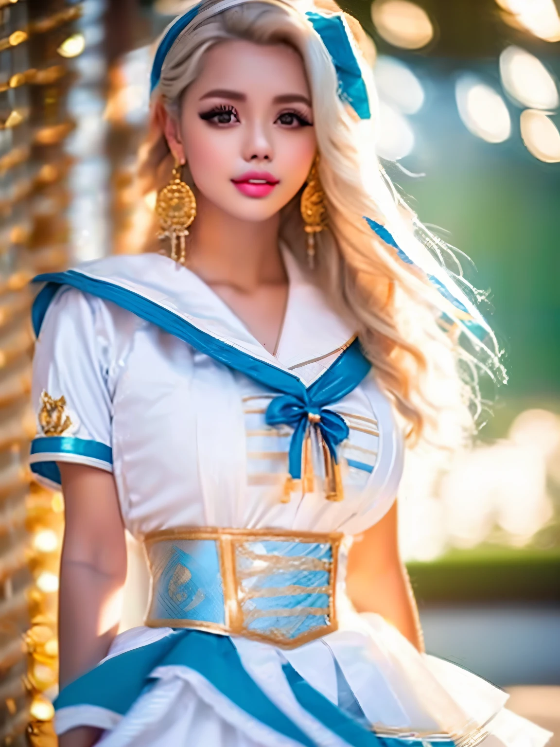 close up, 1 girl, sailor, Tsukino Usagi, (sailor chiseki uniform:1.2), (aqua eyes:0.9), blonde hair, medium hair, wedge skirt, best quality, earrings, masterpiece, high resolution, intricate details, (actual)), photography, (white elbow gloves:1.1), jewelry, medium breasts, whole body, dynamic background, dynamic poses, white