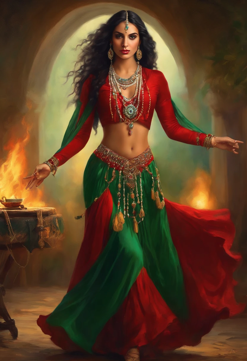 Baroque style painting of a young gypsy dancer with necklaces, earrings and bracelets, beautiful and strong young woman, red robes with full skirts in the style of the Victorian Era, green panther eyes, long straight, silky and black hair falling over her shoulders, ((dancing near a fire in a gypsy camp)).