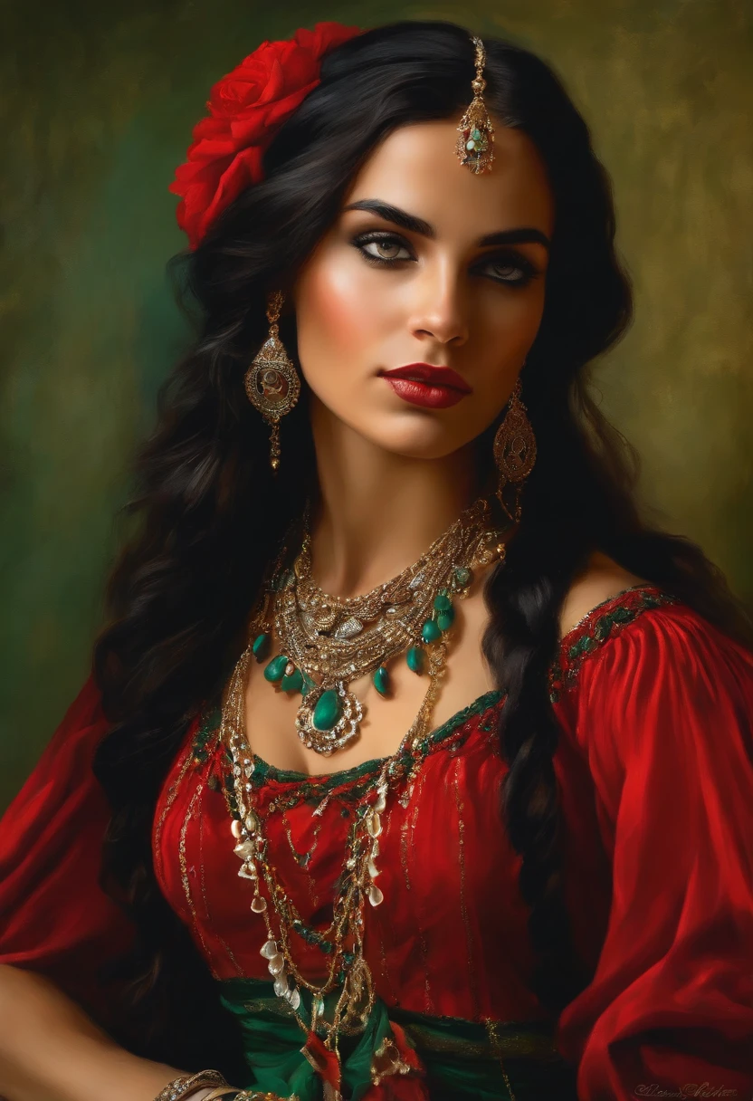 Baroque style painting of a young gypsy dancer with necklaces, earrings and bracelets, beautiful and strong young woman, red robes with full skirts in the style of the Victorian Era, green panther eyes, long straight, silky and black hair falling over her shoulders, ((dancing near a fire in a gypsy camp)).