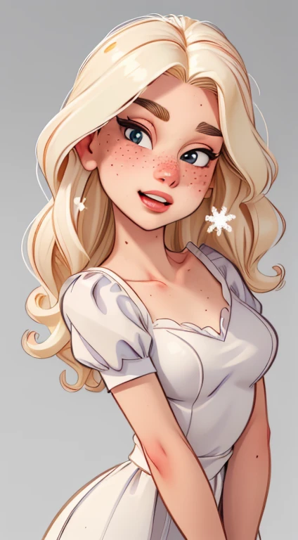 ((best quality, masterpiece:1.2), detailed face: 1.1) rizdraws) ultra-detailed face, soft pointed features, ultra high res, 1 (18yo), australian, looking at viewer, pale skin tone, face freckles, (long blonde floating hair), (small bust: 1.2), (blushing), (wearing "snow white" costume)