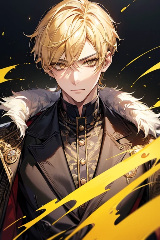 (masutepiece), (Best Quality), Highly detailed, 1 male, Solo Focus, Perfect face, Beautiful face, extra detailed face,yellow short hair, long yellow eyelashes、yellow eyebrows、Handsome man with expressive eyes, Yellow eyes、细致背景、Long coat in black、Paris Collection