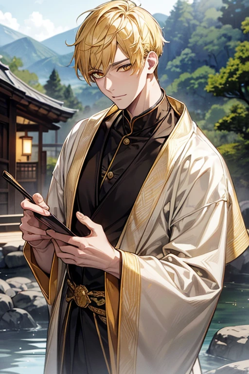 (masutepiece), (Best Quality), Highly detailed, 1 male, Solo Focus, Perfect face, Beautiful face, extra detailed face，yellow short hair, long yellow eyelashes、yellow eyebrows、Handsome man with expressive eyes, Yellow eyes、细致背景、black long gown、hot onsen