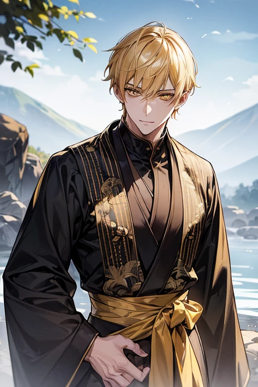 (masutepiece), (Best Quality), Highly detailed, 1 male, Solo Focus, Perfect face, Beautiful face, extra detailed face,yellow short hair, long yellow eyelashes、yellow eyebrows、Handsome man with expressive eyes, Yellow eyes、细致背景、black long gown、hot onsen