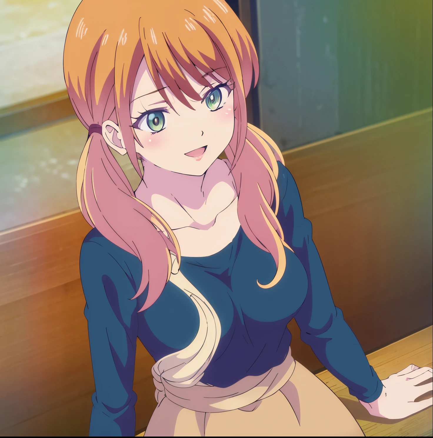 1girl,alone, tsukishima riho, long hair, looking at viewer, blush, smile, open mouth, orange hair, shirt, long sleeves, cleavage, twintails, medium breasts, green eyes, collarbone, white shirt, upper body, one eye closed, petals, pink background, ;d, hand on own face, hand on own cheek,big breasts, medium waist, wide hips, medium thighs, good hands, embarrassed, seductive, smiling