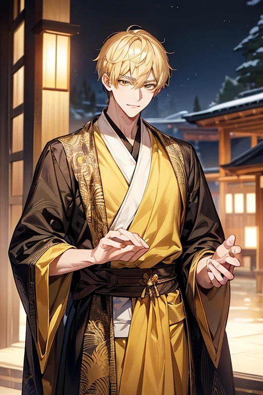 (masutepiece), (Best Quality), Highly detailed, 1 male, Solo Focus, Perfect face, Beautiful face, extra detailed face,yellow short hair, long yellow eyelashes、yellow eyebrows、Handsome man with expressive eyes, Yellow eyes、细致背景、black long gown、hot onsen