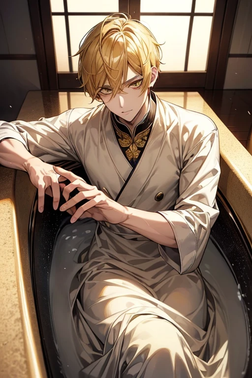 (masutepiece), (Best Quality), Highly detailed, 1 male, Solo Focus, Perfect face, Beautiful face, extra detailed face,yellow short hair, long yellow eyelashes、yellow eyebrows、Handsome man with expressive eyes, Yellow eyes、细致背景、black long gown、bathtub