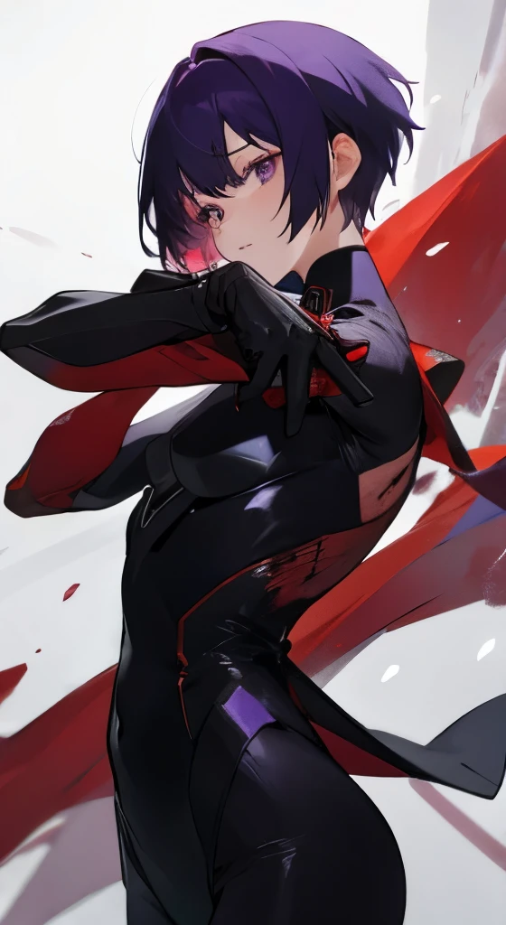 girl with、Black suit、short-cut、red → purple gradation、pistols、snowscape、blood stain