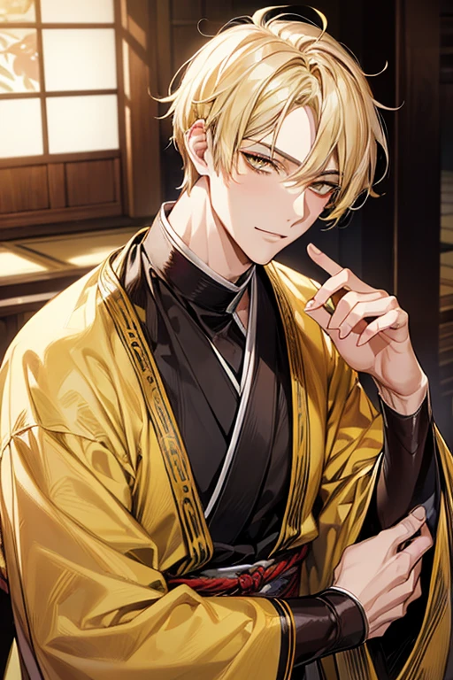 (masutepiece), (Best Quality), Highly detailed, 1 male, Solo Focus, Perfect face, Beautiful face, extra detailed face,yellow short hair, long yellow eyelashes、yellow eyebrows、Handsome man with expressive eyes, Yellow eyes、细致背景、kimono、shrines