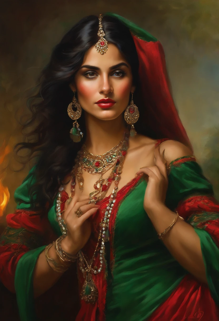 Baroque style painting of a young gypsy dancer with necklaces, earrings and bracelets, beautiful and strong young woman, red robes with full skirts in the style of the Victorian Era, green panther eyes, long straight, silky and black hair falling over her shoulders, ((dancing near a fire in a gypsy camp)).
