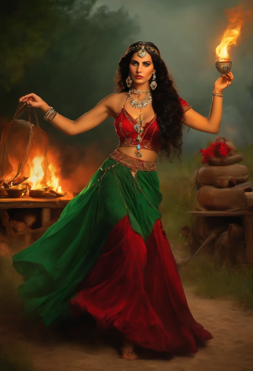 Baroque style painting of a young gypsy dancer with necklaces, earrings and bracelets, beautiful and strong young woman, red robes with full skirts in the style of the Victorian Era, green panther eyes, long straight, silky and black hair falling over her shoulders, ((dancing near a fire in a gypsy camp)).