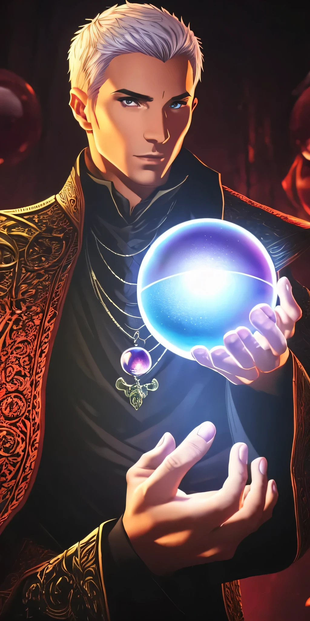 Male warlock holding crystal ball