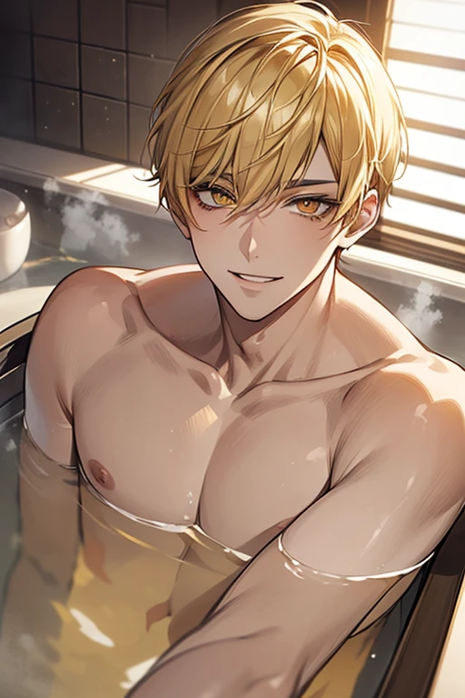 (masutepiece), (Best Quality), Highly detailed, 1 male, Solo Focus, Perfect face, Beautiful face, extra detailed face,yellow short hair, long yellow eyelashes、yellow eyebrows、Handsome man with expressive eyes, Smiling, Yellow eyes、细致背景、bathtub