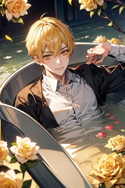 (masutepiece), (Best Quality), Highly detailed, 1 male, Solo Focus, Perfect face, Beautiful face, extra detailed face,yellow short hair, long yellow eyelashes、yellow eyebrows、Handsome man with expressive eyes, Smiling, Yellow eyes、细致背景、bathtub with floating roses、浴室