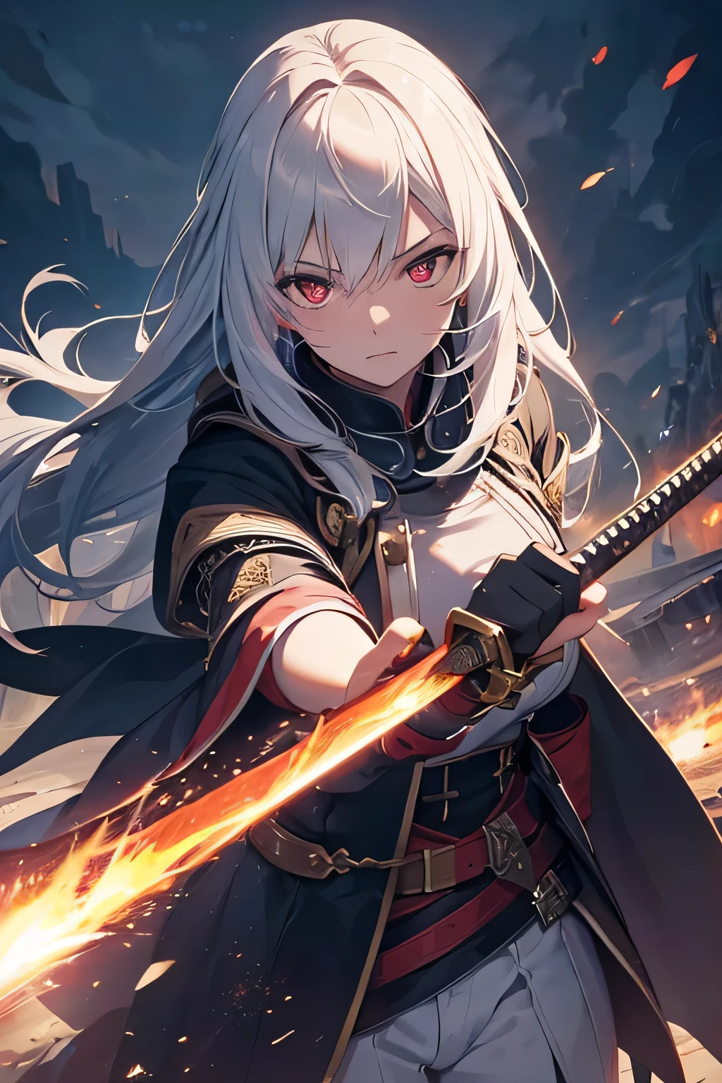 A woman with long white hair holding a sword in front of a fire - SeaArt AI