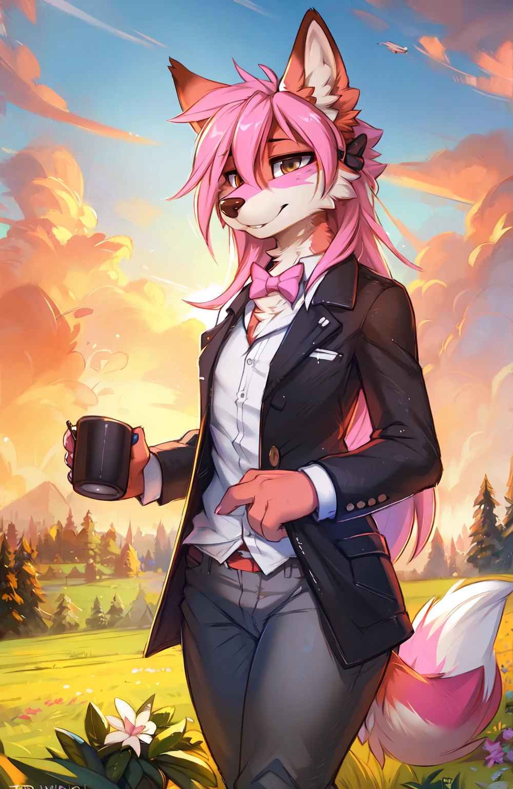 uploaded on e621, by kenket, Ross Tran, ruan jia, zaush, foxovh, by Zackary911, by hyattlen, by teranen, by fumiko, by Pixelsketcher, by Bayard Wu, by Thomas Benjamin Kennington, by Einshelm, by Kilinah, by Coffeesoda, by Hioshiru, by fluff-kevlar, by r-mk, by Dimwitdog, solo mammal, (best quality), highly detailed, HD, 1girl, furry female, two-tone fur, tail, gray coat, white shirt, gray pants, bow tie, very long hair, sky, field, absurd res, nazuna hiwatashi