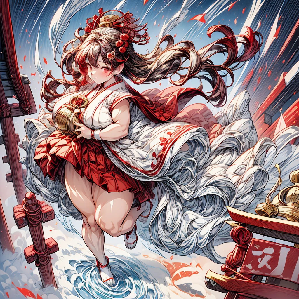 (the pounding mochi contest:1.4), masterpiece, High-quality, High-resolution, Realistic anime sketch, To celebrate the New Year, ((full body, featuring a beautiful Japanese sexy shrine maiden with Soft smooth body and Chubby plump skin, Full cheeks, large breasts and buttocks:1.4), (She's pounding soft mochi rice cake with her big hips:1.2)), The image captures the traditional red and white colors with a touch of gold, set in a bright scene with a top-down perspective, The main subject is shrine maiden, symbolizing the auspicious start of the year, in a traditional outfit, pestle and mortar, (The background is rich and delicate),