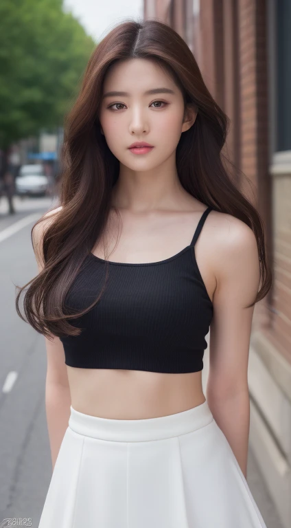((top-quality、8k、masterpiece:1.3))、foco nítido:1.2、perfectbodybeauty:1.4、Slim abs:1.2、((Layered Hair Style、huge tit:1.2))、(black tank top shirt:1.1)、(street:1.2)、Highly detailed facial and skin texture、Narrow-eyed、二重まぶた、seductiv、a short skirt、long brown hair、hip skirt、huge titはポイントを漏らさない、High-definition facial features、 8K