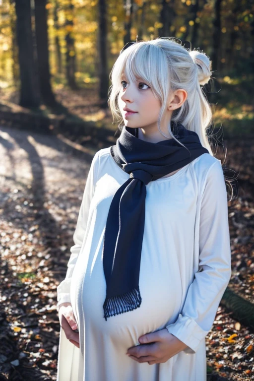 Best Quality, (Wide Shot), CGSsociety, 8K, Ultra-realistic, masutepiece, Child Dark Elves, White hair, Blue eyes, White clothes, Black scarf, Looking Up, Upper body, hair bunches, Dark skin, Straight and loose hair,Pregnant