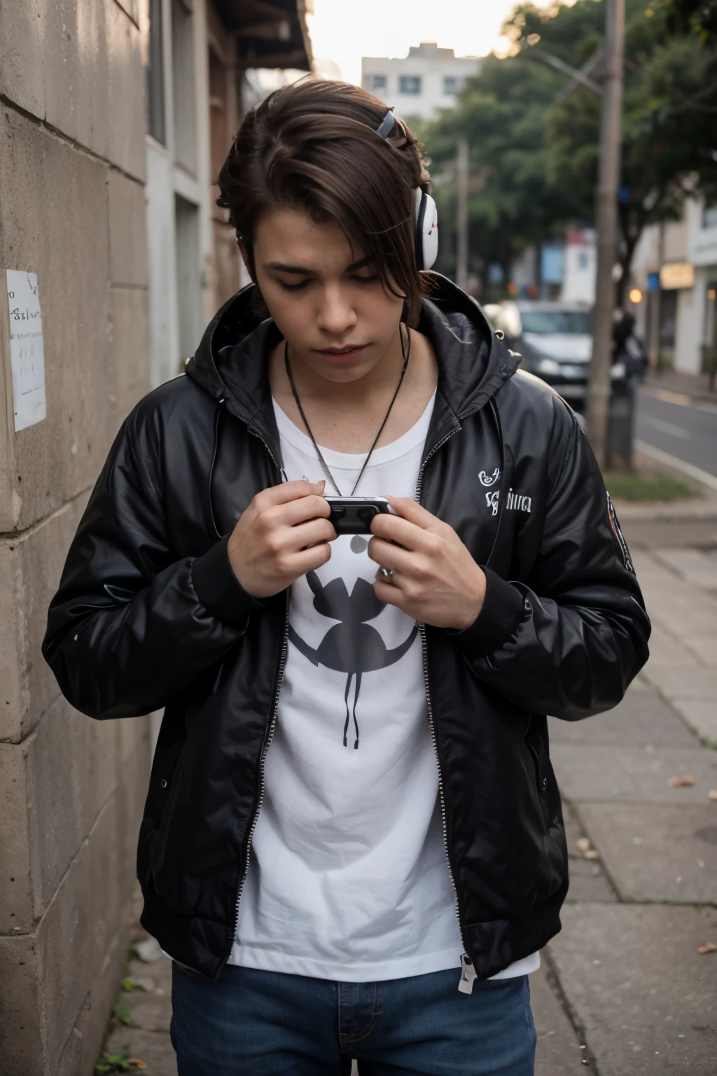 Crie um menino triste com uma jaqueta preta e fones de ouvido sentado numa cadeira gamer enfrente a uma janela vendo a chuva e a paisagem