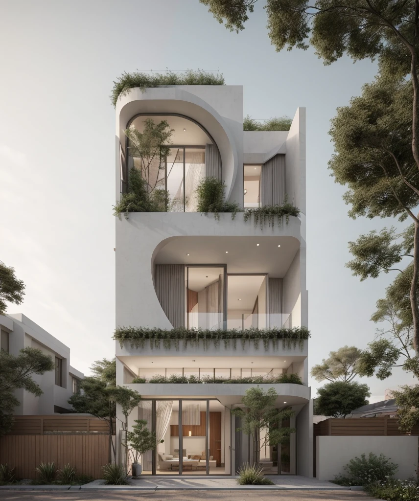 House,glass window, high quality architectural art, architecture art, architectural illustration, contemporary architecture, mono,beautiful and realistic photos, busy surrounding space, realistic trees, surrounding landscape is the city, soft light, late afternoonchrome drawing, realistic architecture, architectural rendering, architectural sketch, in style of zaha hadid architect, architectural concepts, architectural concept, rounded architecture, architecture drawing, artistic drawing, exquisite architecture, beautiful artist rendering, architectural render