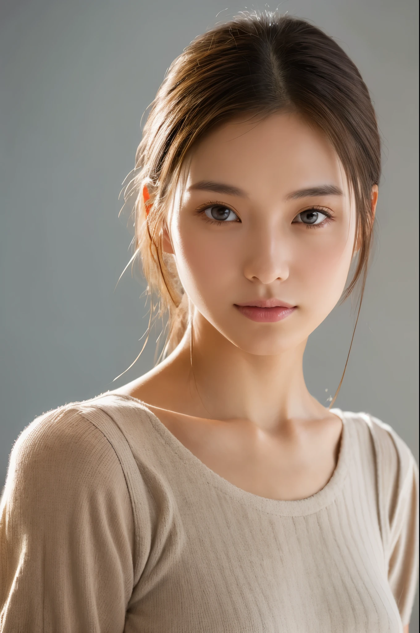 Young japanese lady, 30s, White background, It features a simple背景, white-brown hair, slender, 4K, in 8K, High quality, Beauty, Beautiful eyes, It features a simple, High resolution,1 person,Beautiful skins,Beautiful skin