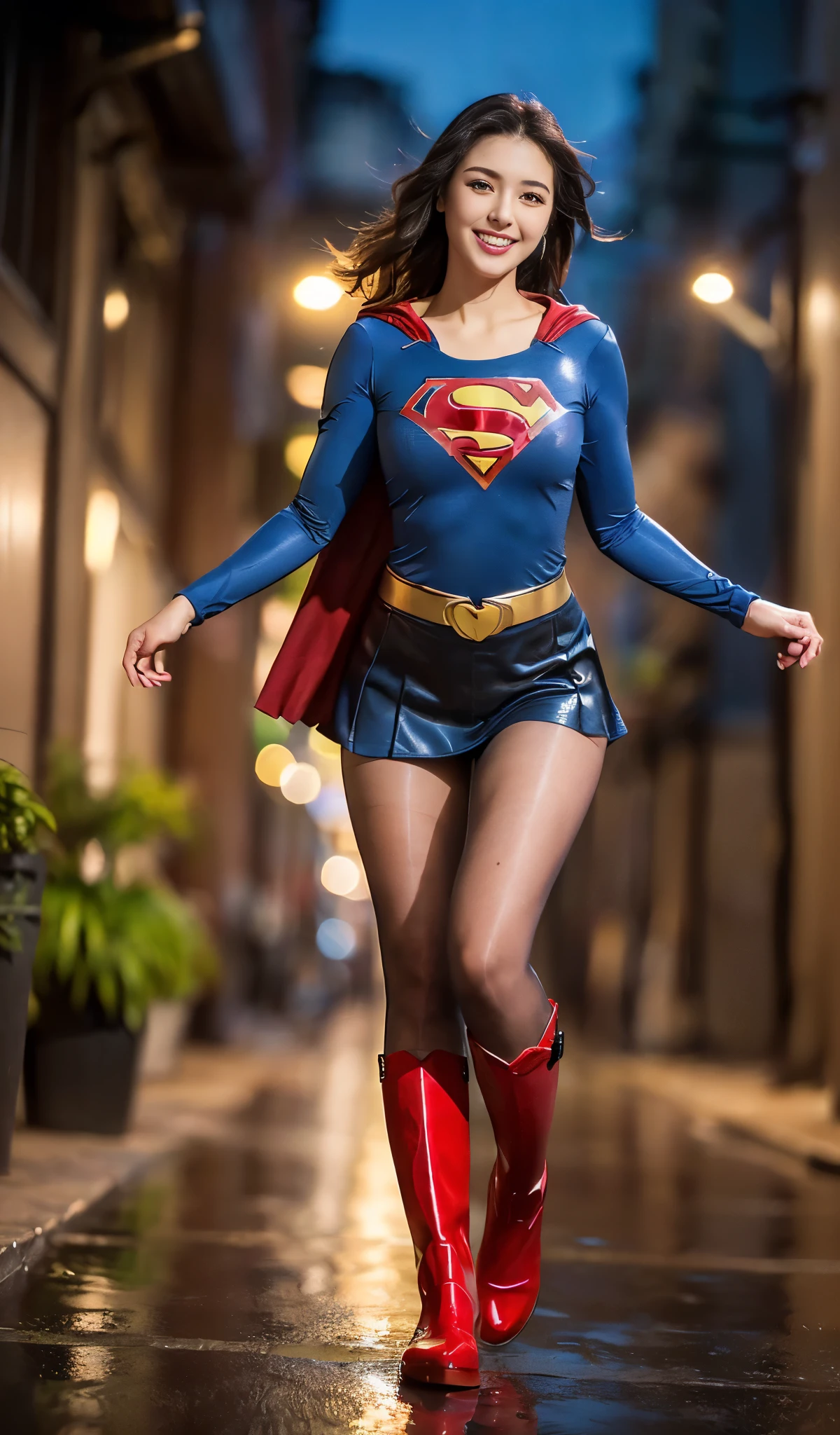 No background、Fitted Supergirl costume、Body Fit Costumes、and draw the full body、(((Wear black tights on your beautiful legs.)))、(((Grow legs、tall、Legally express the beauty of your smile)))、((((Make the most of the original image)))、(((Supergirl Costume)))、(((beautiful hairl)))、(((Suffering)))、(((Feet must necessarily be worn with black tights)))、(((You need to wear red boots)))、((Top image quality、8K))、((top-quality、8K、​masterpiece:1.3))、(((Keep Background )))、Crisp focus:1.2、Beautiful woman with perfect body shape:1.4、Slender Abs:1.2、a wet body:1.5、Highly detailed facial and skin texture、8K