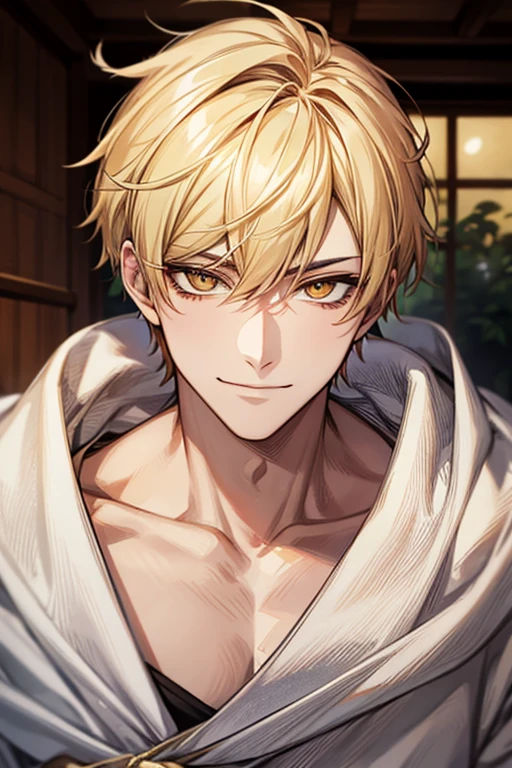 (masutepiece), (Best Quality), Highly detailed, 1 male, Solo Focus, Perfect face, Beautiful face, extra detailed face,yellow short hair, long yellow eyelashes、yellow eyebrows、Handsome man with expressive eyes, Smiling, Yellow eyes、细致背景、bathhouse