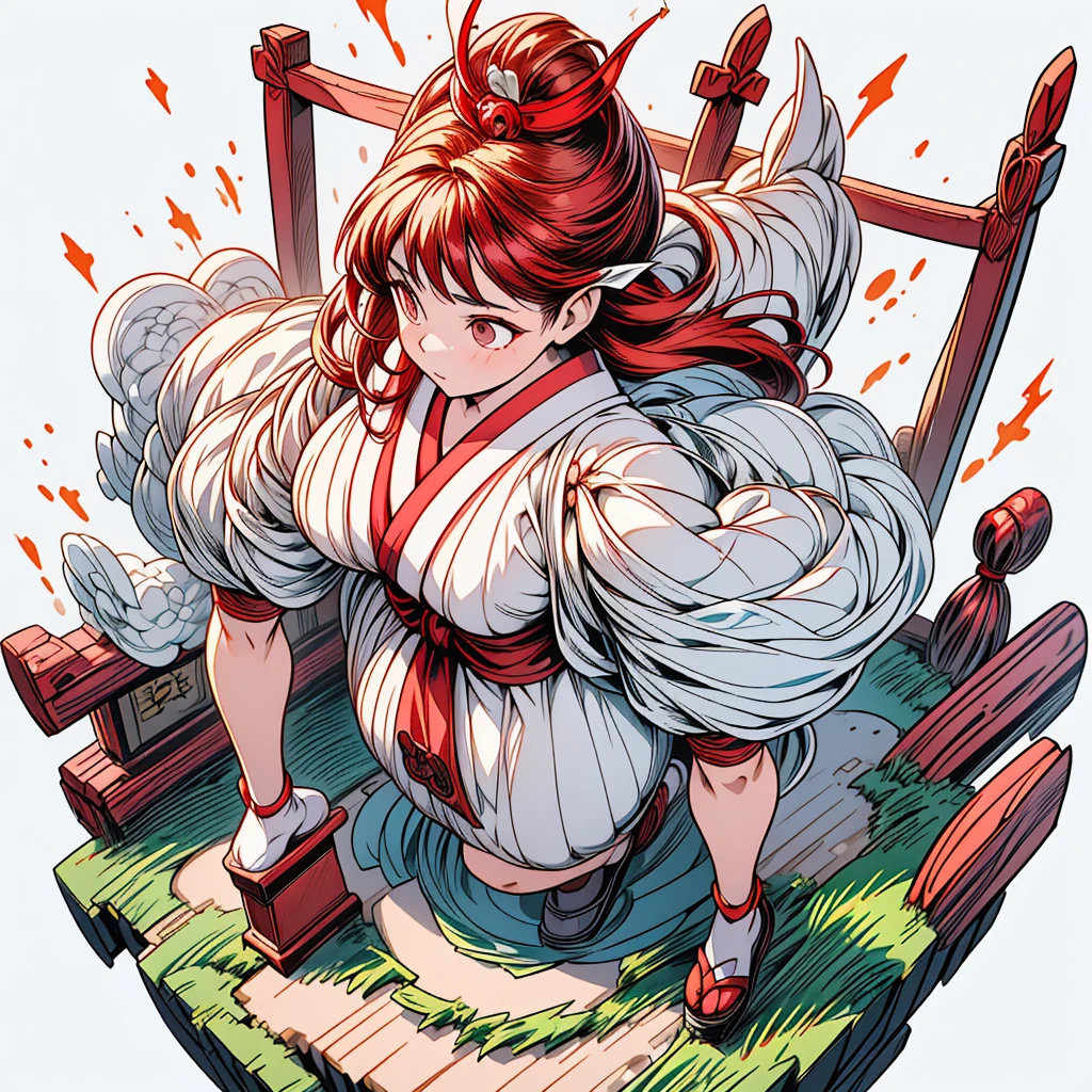 (the pounding mochi contest:1.4), masterpiece, High-quality, High-resolution, Realistic anime sketch, To celebrate the New Year, ((full body, featuring a beautiful Japanese sexy shrine maiden with Soft smooth body and Chubby plump skin, Full cheeks, large breasts and buttocks:1.4), (She's pounding soft mochi rice cake with her big hips:1.2)), The image captures the traditional red and white colors with a touch of gold, set in a bright scene with a top-down perspective, The main subject is shrine maiden, symbolizing the auspicious start of the year, in a traditional outfit, pestle and mortar, (The background is rich and delicate),