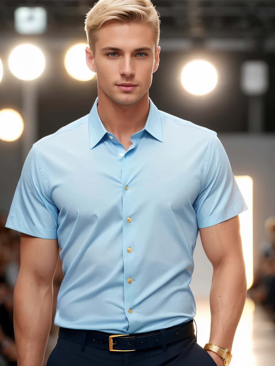 photo of a stunning handsome Australian male in light blue shirt, blue eyes, short light blonde hair, closeup zoomed in tight crop portrait, walking down a (runway at a fashion show scene models people:1.2) wearing a (casual designer clothing:1.3) (expensive cellphone on his hand:1.3) (Lighting-Gold:1.2) foreground objects background details (masterpiece:1.2) (photorealistic:1.2) (bokeh:1.2) (best quality) (color grading) (detailed skin:1.3) (intricate) (8k) (HDR) (cinematic lighting:1.3) (sharp focus)