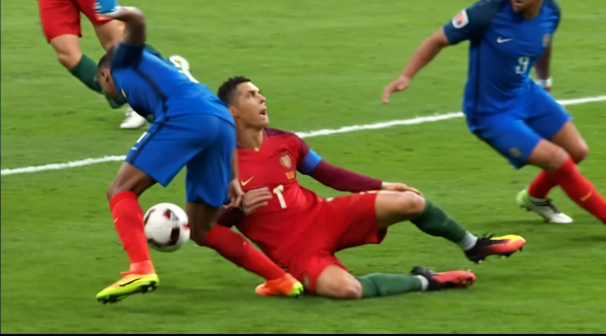 several soccer players are playing soccer on a field with a ball,  thumbnail, at the world cup, soccer player cristiano ronaldo, cristiano ronaldo shouting, historic moment, instagram post, vine, official, messi dunking on ronaldo, award - winning shot, award-winning shot, interesting camera angle, instagram photo, he can ’ t believe his eyes, dramatic moment, realistic footage