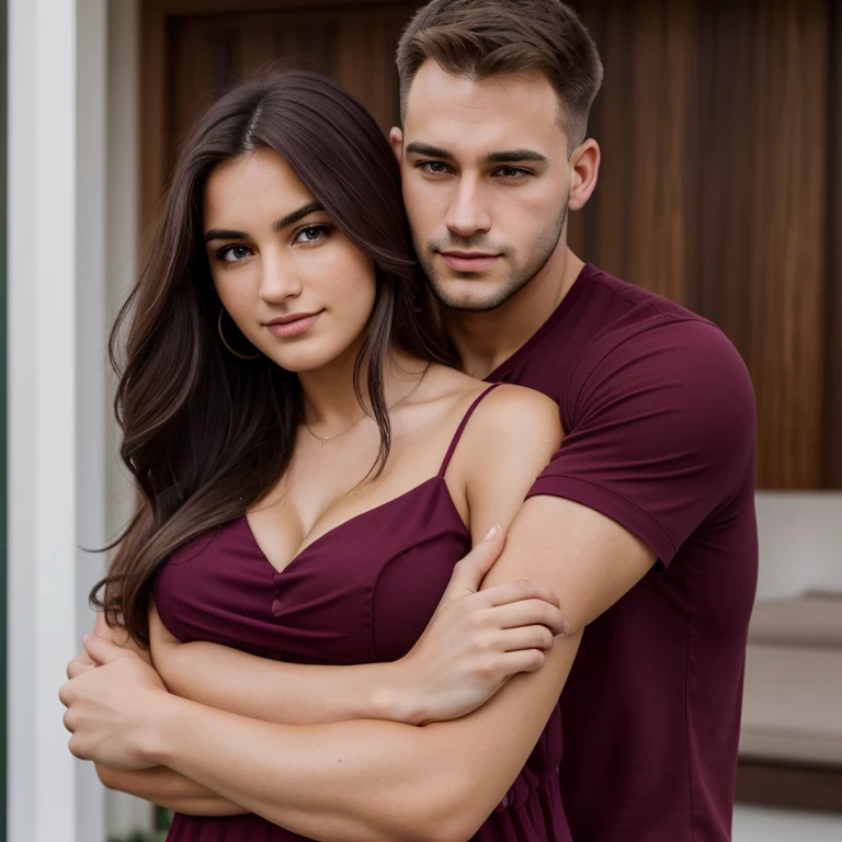 (((plano completo))) pareja, (un hombre y una mujer), Beautiful 20-year-old woman, tetas copa h, escote pronunciado, vestido rojo, cabello rojo y ojos amarillos, 25 year old strong man, (hugging the woman from behind )