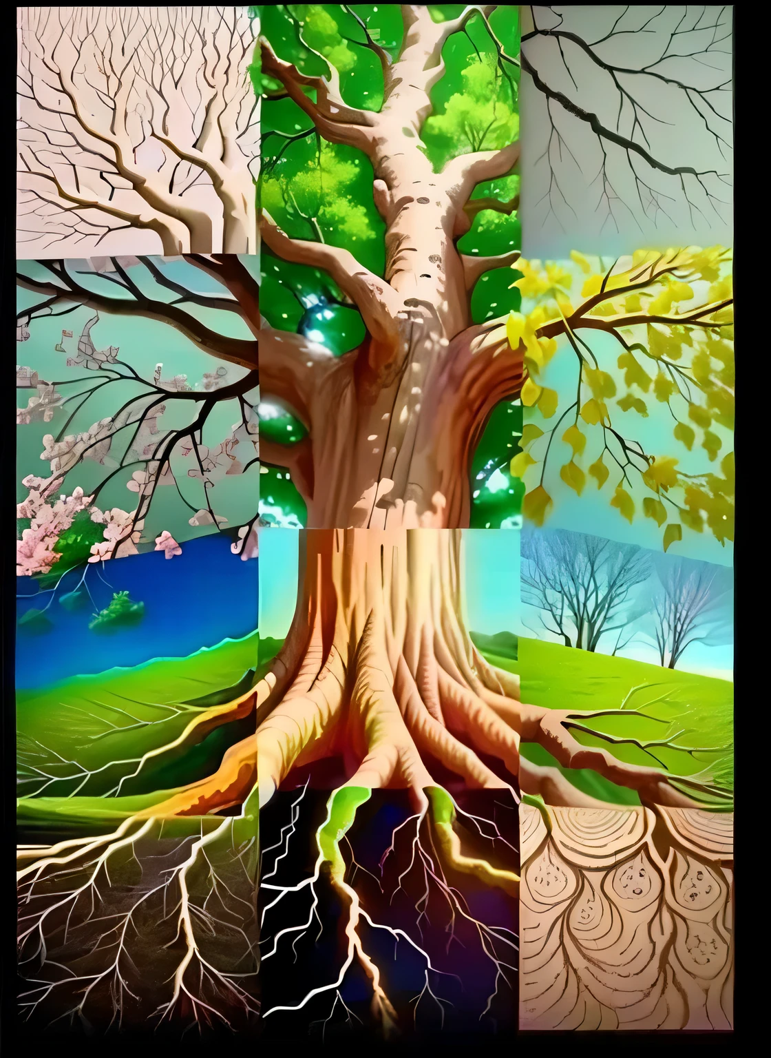 A big tree consists of 12 pictures,Each picture is a different part of the tree,In the middle is the trunk,The roots of the big tree are composed of pictures in different styles