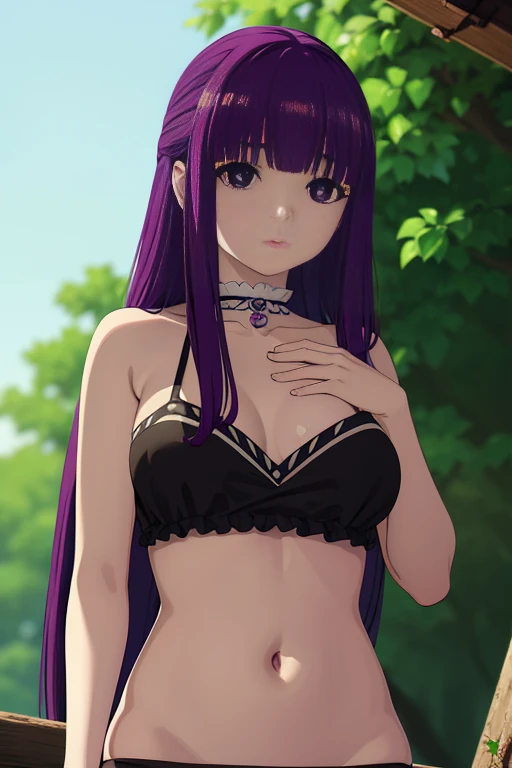 distant, distant, Long hair, Bangs, (Purple eyes:1.1), Purple hair, fullnude, plein air, Looking at Viewer, Upper body, (masutepiece:1.2), Best Quality, High resolution, Unity 8k壁纸, (Illustration:0.8), (Beautiful detailed eyes:1.6), extra detailed face, Perfect Lighting, extremely details CG, (Perfect Anatomy)、Pubic hair is fully visible、Full nipple visible