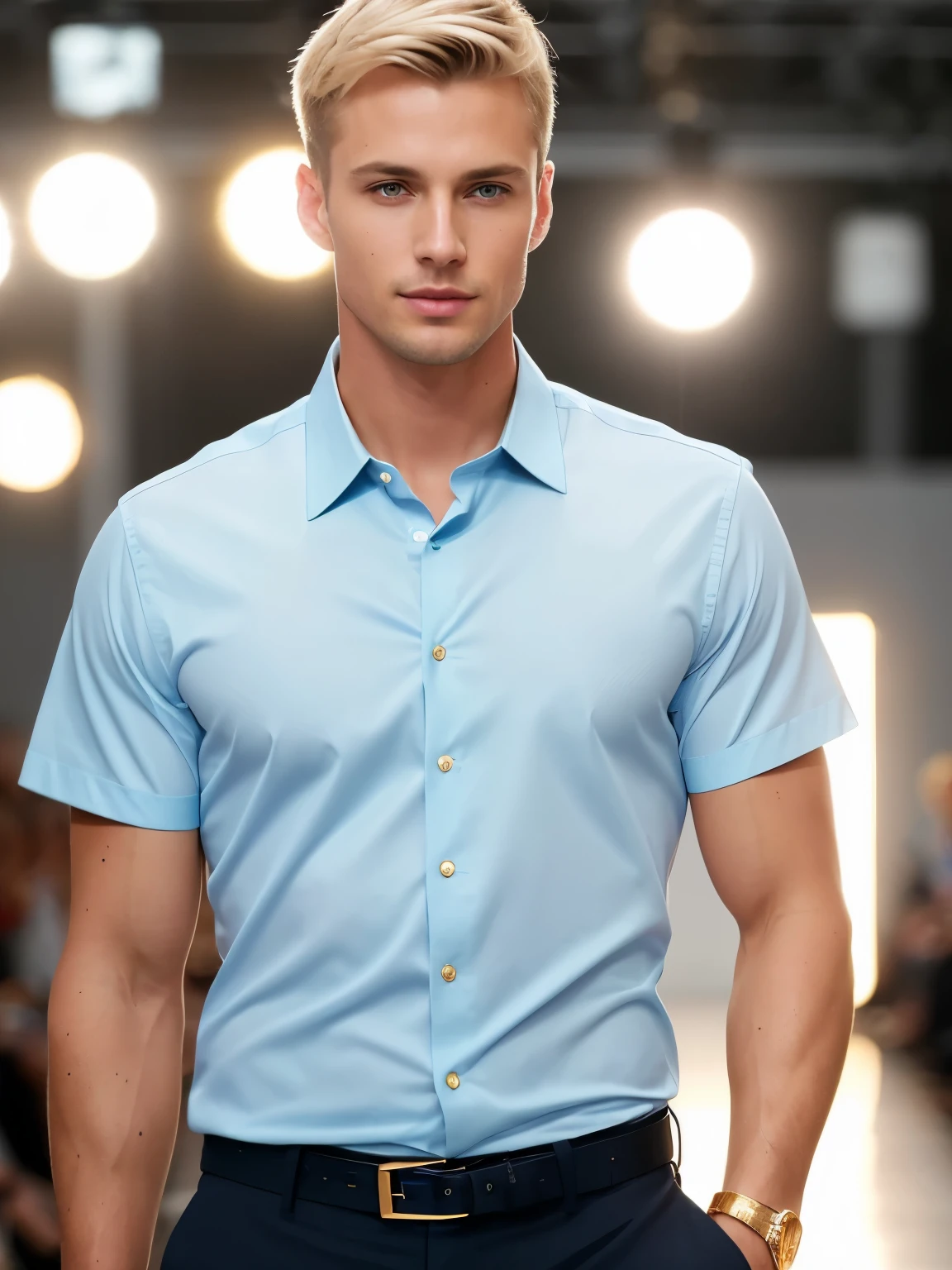 photo of a stunning handsome Australian male in light blue shirt, full body, blue eyes, short light blonde hair, closeup zoomed in tight crop portrait, walking down a (runway at a fashion show scene models people:1.2) wearing a (casual designer clothing:1.3) (expensive cellphone on his hand:1.3) (Lighting-Gold:1.2) foreground objects background details (masterpiece:1.2) (photorealistic:1.2) (bokeh:1.2) (best quality) (color grading) (detailed skin:1.3) (intricate) (8k) (HDR) (cinematic lighting:1.3) (sharp focus)