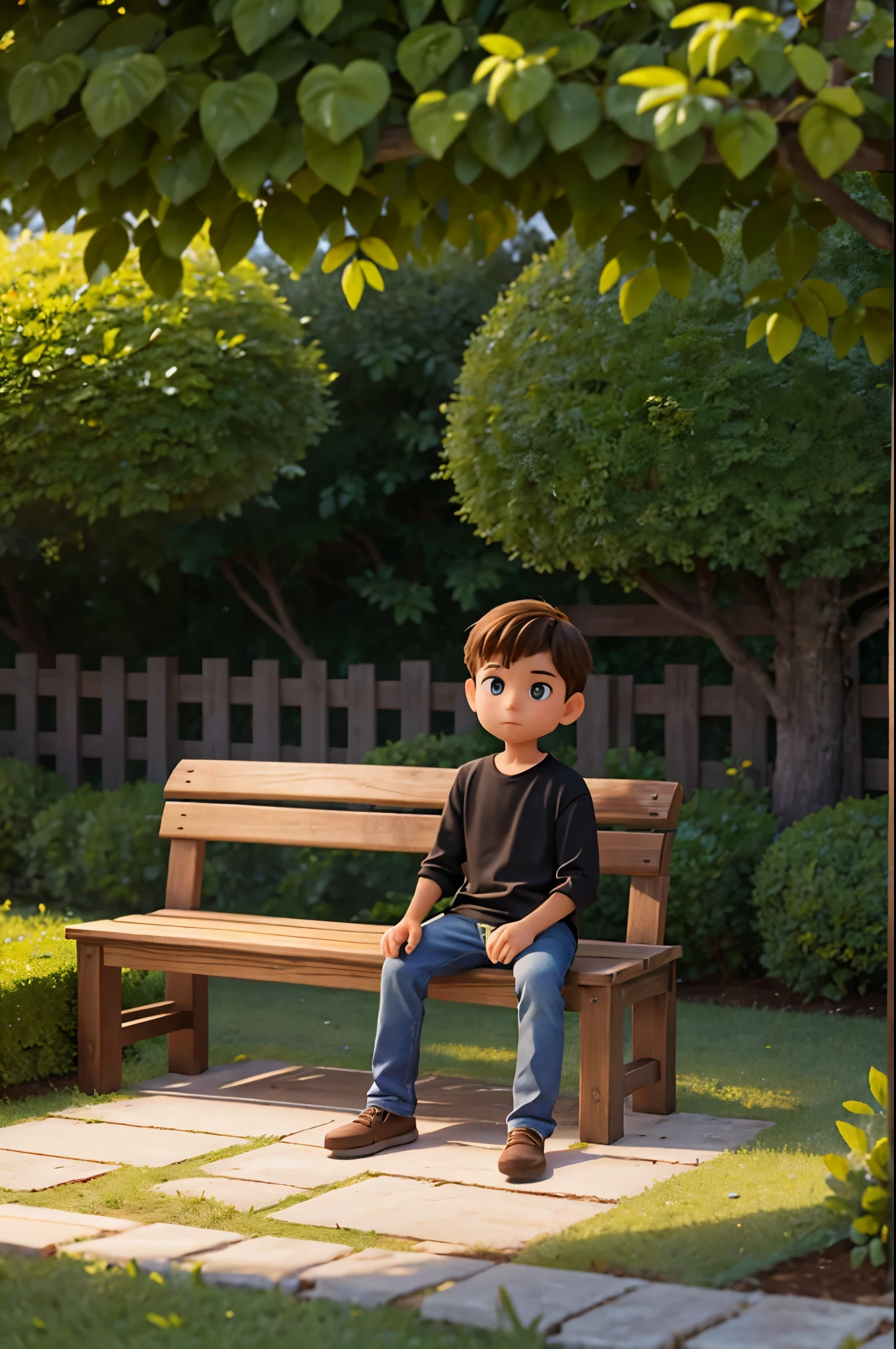 The image features a young boy sitting on a wooden bench, which is located near a fence. The boy is wearing a black shirt and appears to be looking at the camera. The bench is positioned in the middle of the scene, with the fence extending to the left and right sides of the image. The boy's posture and the presence of the bench suggest that this could be a park or a similar outdoor setting.Gere essa imagem no estilo de anima