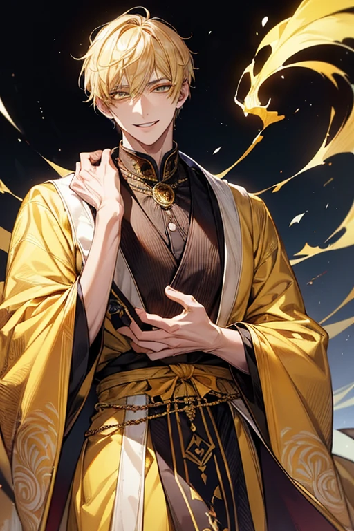 (masutepiece), (Best Quality), Highly detailed, 1 male, Solo Focus, Perfect face, Beautiful face, extra detailed face,yellow short hair, long yellow eyelashes、yellow eyebrows、Handsome man with expressive eyes, Smiling, Yellow eyes、细致背景、long gown