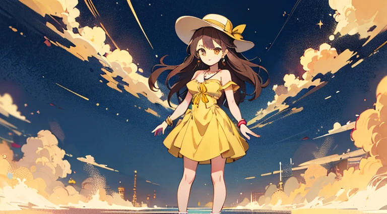 brunette color hair，short detailed hair，By bangs，Yellow eyes，adolable，teens girl，Black gorgeous beautiful dress，High heels on the feet，Black silk pantyhose，fully body photo，All body，Fingers and arms are not exposed，Background sandy beach，Starry Sky Milky Way by the sea，Happy and happy expression