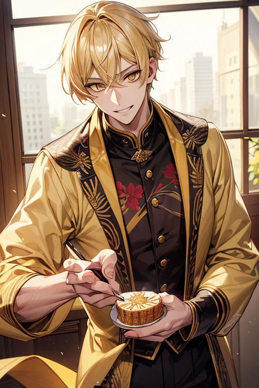 (masutepiece), (Best Quality), Highly detailed, 1 male, Solo Focus, Perfect face, Beautiful face, extra detailed face，yellow short hair, long yellow eyelashes、yellow eyebrows、Handsome man with expressive eyes, Smiling, Yellow eyes、细致背景、fruit cake