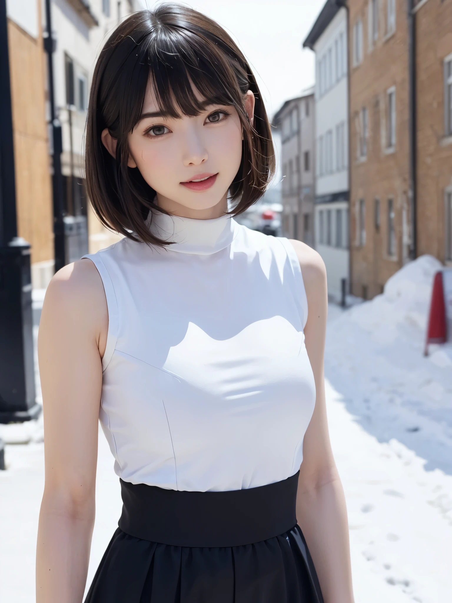 (masterpiece, top-quality),1girl in, 独奏, hyper realisitic, Photorealistic,realisitic, looking at the viewers, brown eyes of light color:1.4,Brunette short bob hair with highly detailed shiny hair, Winter clothes in bright colors, lepangas:1.4), plein air, a closed mouth, The upper part of the body、Big eye、Lashes、{Gigantic|Big|Huge|Mega} breasts:2, cleavage:2、(((Big eye、Short bob hair、Intense highlights of the pupils、gazing at viewer、She is a very beautiful and cute beauty、Put your ears out、long neck、smil、Close your mouth and smil、bangs beautiful teeth)))、Ideal ratio body proportions、(Snow-covered tree-lined streets in Norway in winter)、美しいlong neck:1.4、