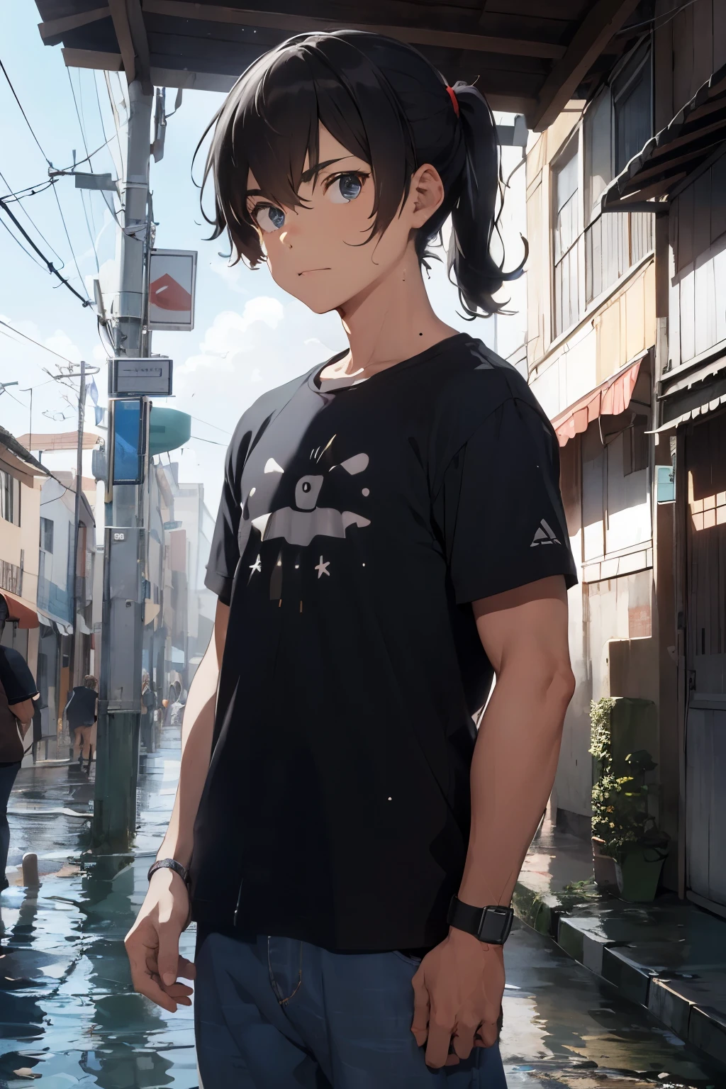 Crie um  triste sentado numa cadeira gamer enfrente a uma janela vendo a chuva e a paisagem