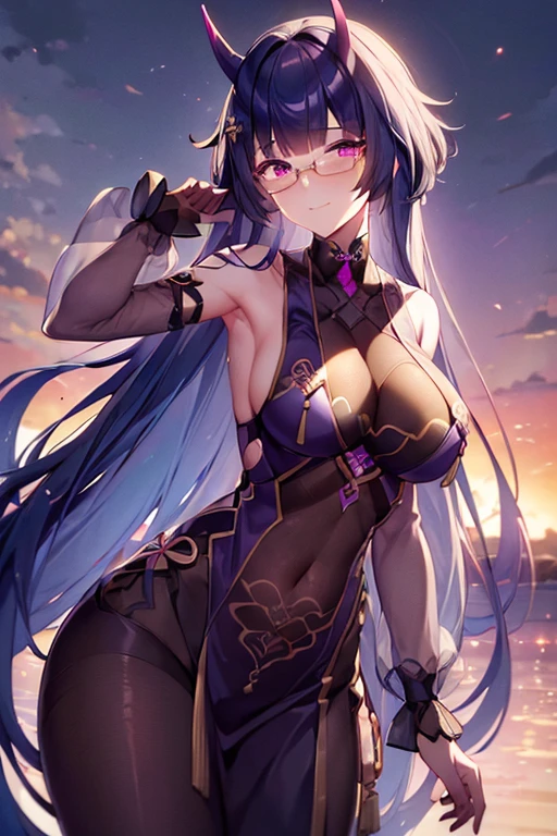 (highly detailed:1.3), 1girl, solo, light smile, glasses, wrench_aqueousmei, Ultra-detail, (highres:1.1), best quality, (masterpiece:1.3), cinematic lighting, scenery, ink, samakan dengan raiden mei full body dan baju Herrscher of thunder