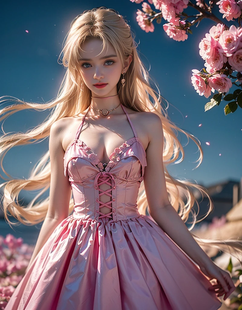 tmasterpiece，Highest image quality，super detailing，Best quality at best ,Extremely Delicately Beautiful, Very meticulous,Best quality at best, offcial art, extremely detaild的 CG unified 8k wallpapers, portrait photo of, The most beautiful look，blond hair blue eyes，Radiant skin and radiant eyes, pretty skin,(Detailed lighting:1.2), (Beautiful and detailed light:1.3), deep understanding, beautiful nude color, iintricate, digitial painting, smooth private parts, Focus sharp, The end of the world, Epic reality, (HighDynamicRange:1.4), (pastel colour:1.4), Beautiful big breasts，The end of the world的, giving up, com cores neutras, natta, Screen space refraction, (Complicated details, ultra - detailed:1.3), art  stations, Cinema lenses, vignet, the complex background, buliding，Enchanted smile，face flushed，the shy，detailed back ground，Dreamcatcher earrings，sexy and sultry，（Obscenity exposed，Camel toes，Combing thick hair，），The sexiest look，The eyes are bright，半cleanness，Lace，cleanness，Correct bodies，hollowed out，Butterfly Ruolan Moon Shadow Peach Milk Tea Smooth Velvet Versailles Ultra-Thin Pink Diamond Dress，（Clothes of all colors lack color，The color is black，in pink，purpleish color，red colour，blue colors，orange colors，green color，cyan colors，），twisted braid floral bra，