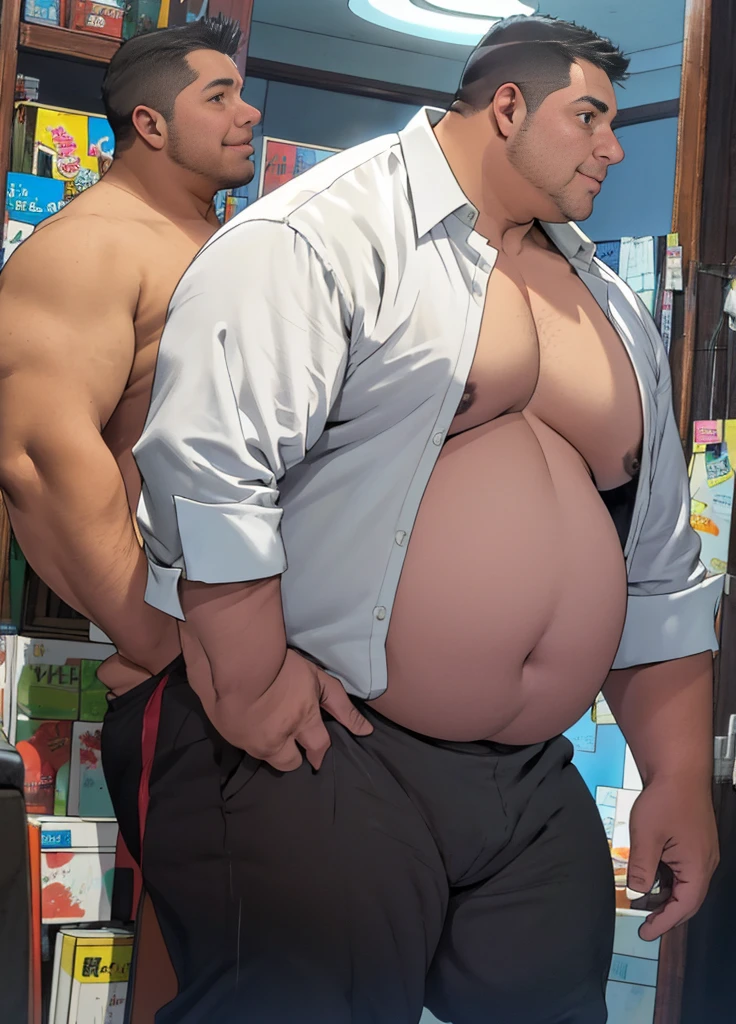 Cara joven, cara delgada, facial afilado, cabello negro, 1child, asalariado, dark brown eyes, imberbe, Camisas ajustadas negras, corbata, pantalones blancos, La mejor calidad, gordo abs, gordo, senos apretados, gordo breasts, Desde Sideview, Camisas negras, gordo thighs, gordo tits, gordo arms, gordo legs, gordo body, Huge gordo,unrealistic proportios, fantasy size Obra maestra, masculino, parte lateral del cabello, fuerte, (Pectoral mayor: 1.2), La mejor calidad, 8k, OriginalPhoto, realista, high resolucion, El ultra-detailliert, film lighting, Film grain, chromatic abberation, en la oficina, tetas enormes, Dynamic Angle, Detalles Dedo, bulto grande, bulto enorme, pantalones bultos, gigant, 2meters tall , open shirt They are smiling, front view, huge belly, obese belly