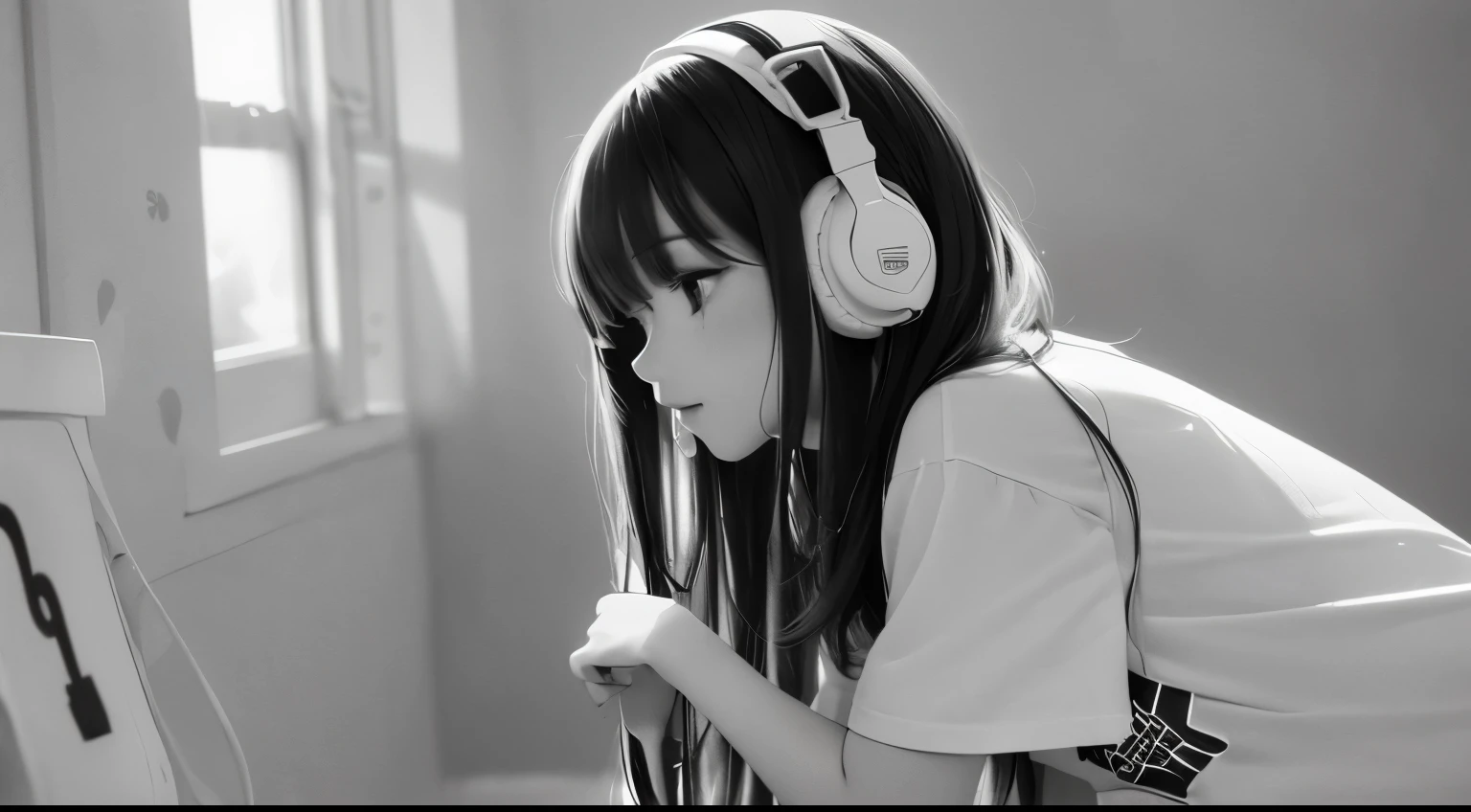 (A very delicate and beautiful woman is having fun wearing white headphones.、The background is colorful CANDY and Melody wallpaper in the room.、Americana、Slightly narrow angle of view、sideways Facing、The clothes I&#39;m wearing are T-shirts、Sit with your knees hugged、silhuette、monochrome、