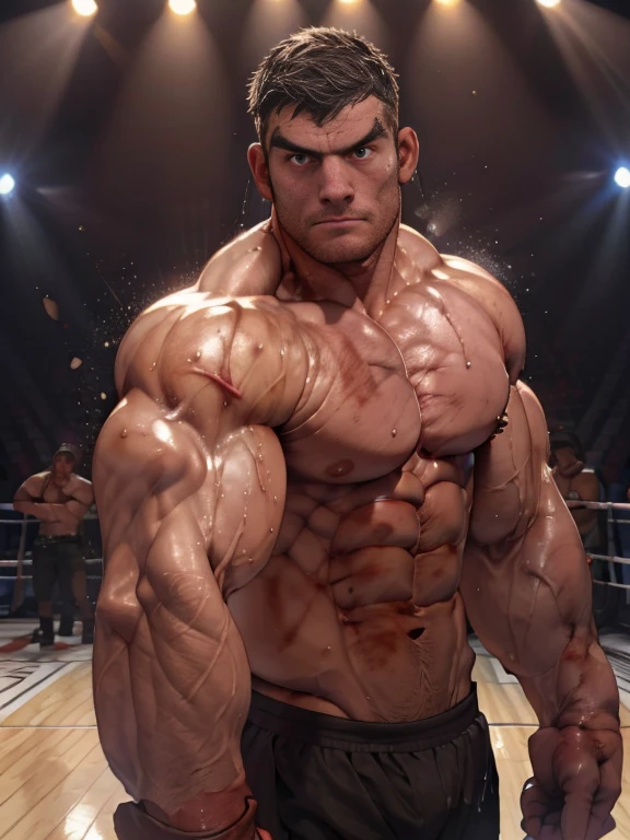 3D Photorealistic, Masterpiece realistic, best high quality, perfect details, RAW Photo, intricate details, nice lighting, 4K, detailed background, In the championship boxing match, muscular men fighting, intense and powerful fight, bodily fluid (bodily fluid:1.5), bloody body (bloody body:1.6), bruised body (bruised body:1.7), look at viewer (look at viewer:1.5), correct anatomy, correct full body anatomy, nice eye, damaged abs (damaged abs:1.6).