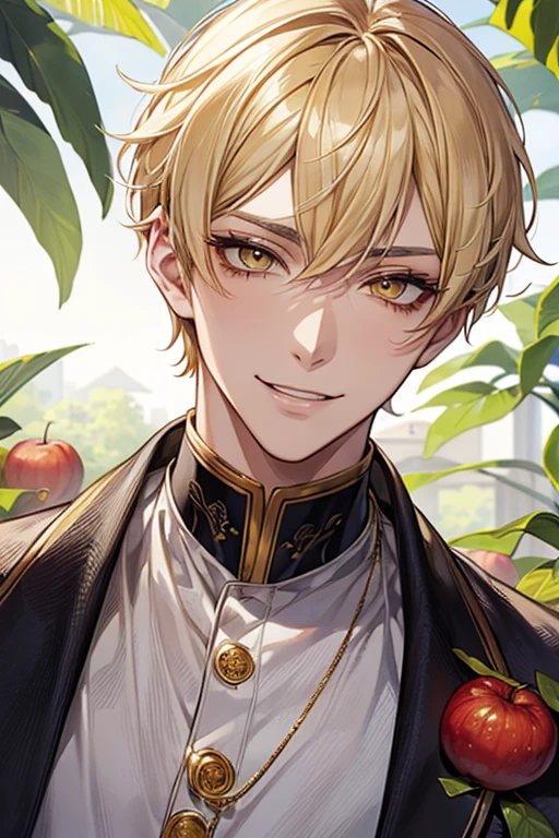 (masutepiece), (Best Quality), Highly detailed, 1 male, Solo Focus, Perfect face, Beautiful face, extra detailed face,yellow short hair, long yellow eyelashes、yellow eyebrows、Handsome man with expressive eyes, Smiling, Yellow eyes、细致背景、Full of fruit