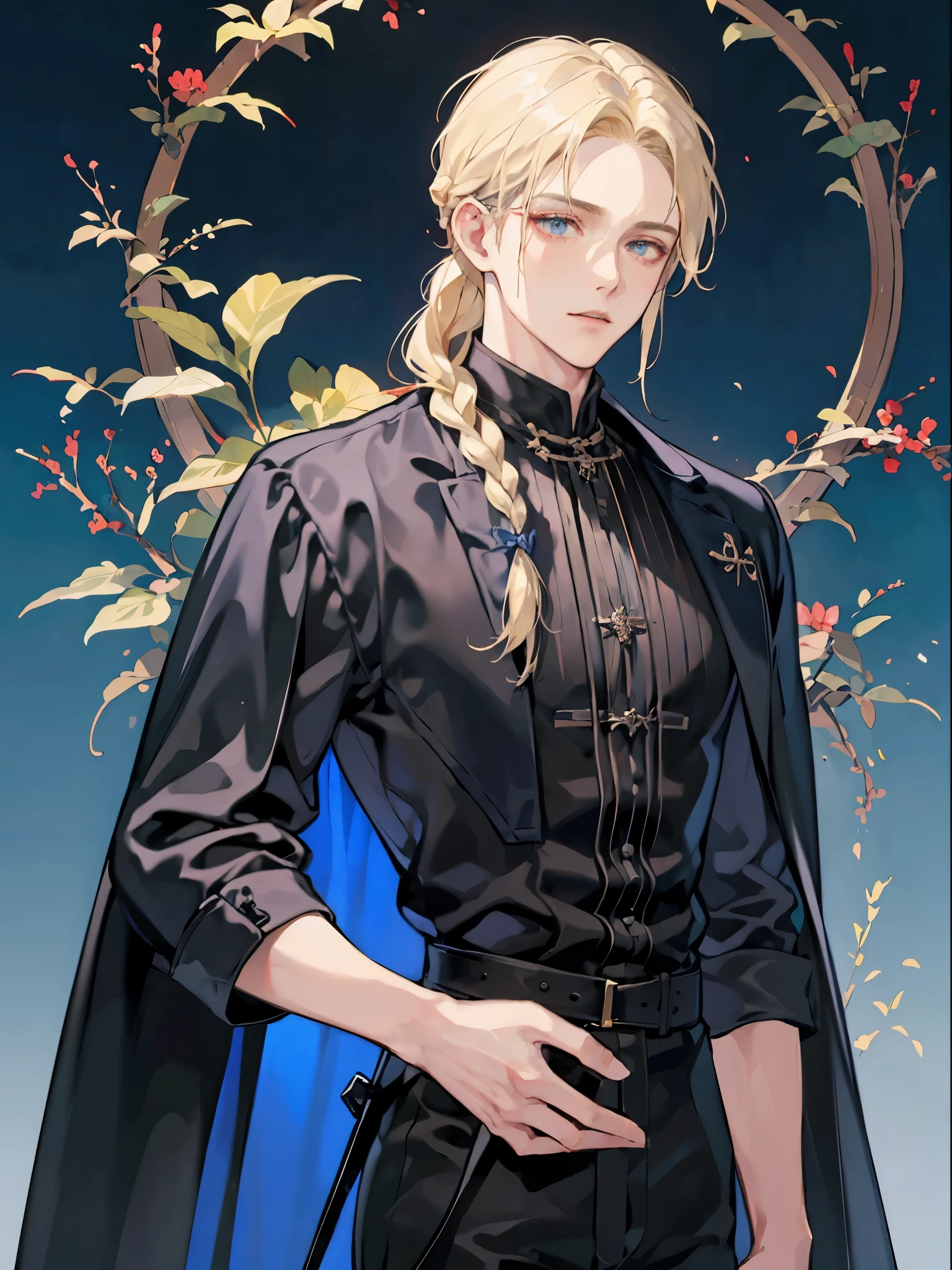 1boy, , age 38, longue blonde hair, braided into a long braid, Blue shirt with Slavic patterns, black coat, black trousers, red ring on the middle finger