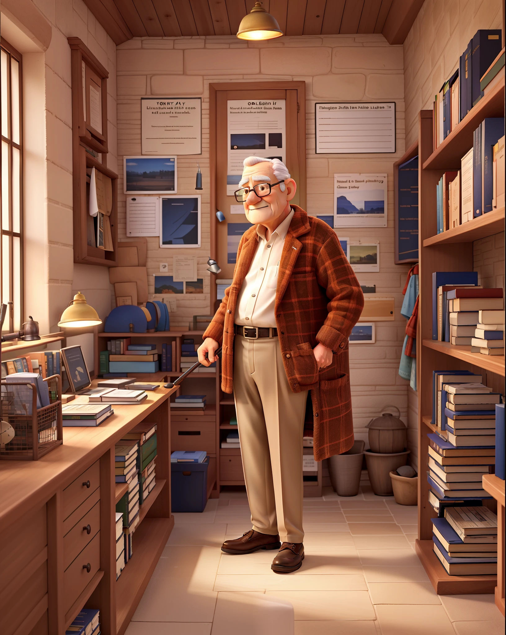 A wise old man standing in front, illuminated by the light of a lamp, against the backdrop of a library