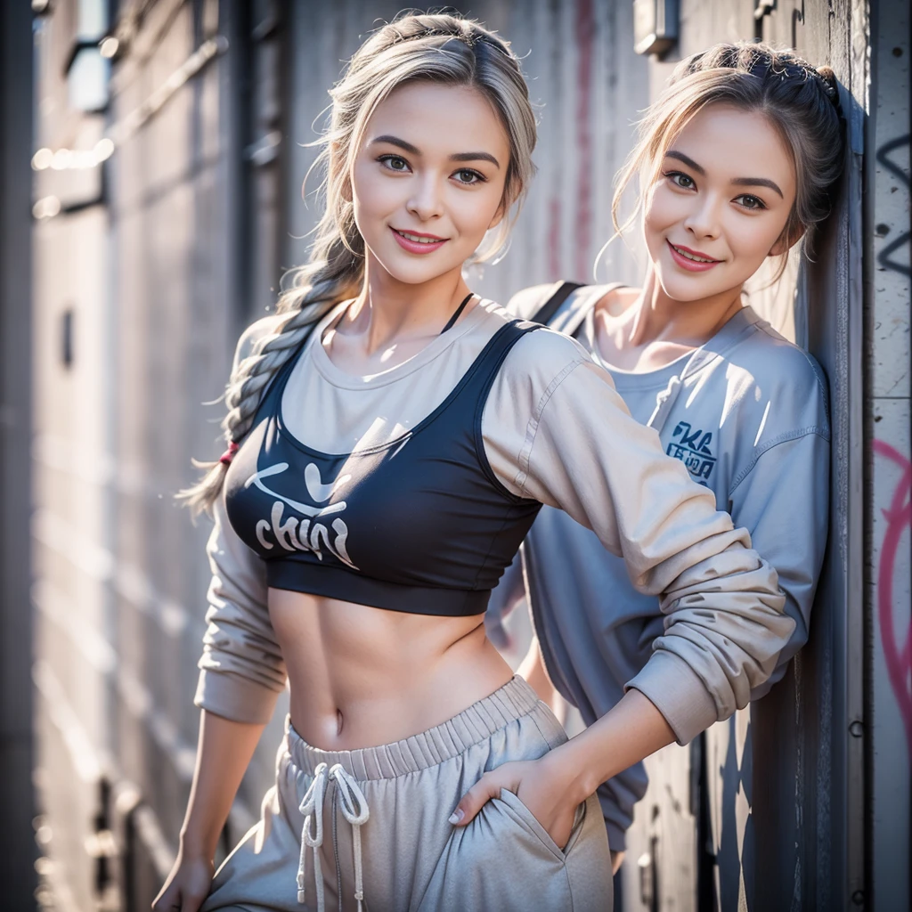 gorgeous cute Austrian girl, smiling, (crop top), Steel gray hair loose braided hair, comics printed shirt, oversized jogger pants, lean against the wall, backstreet, (graffiti on the wall), hip-hop, smiling, hands in pockets, perfectly symmetrical face, detailed skin, vivid colours, HDR, hard shadows, art photography, soft focus, masterpiece, breathtaking, atmospheric perspective, diffusion, pore correlation, skin imperfections, 80mm Sigma f2, depth of field, intricate natural lighting