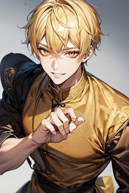 (masutepiece), (Best Quality), Highly detailed, 1 male, Solo Focus, Perfect face, Beautiful face, extra detailed face,yellow short hair, long yellow eyelashes、yellow eyebrows、Handsome man with expressive eyes, Smiling, Yellow eyes、细致背景、chef